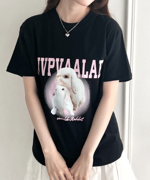 Loueme（ルエム）の「ロップイヤーラビットロゴTシャツ（Tシャツ/カットソー・レディース・ライトグレー/ブラック・M/XL）」の2枚目の写真