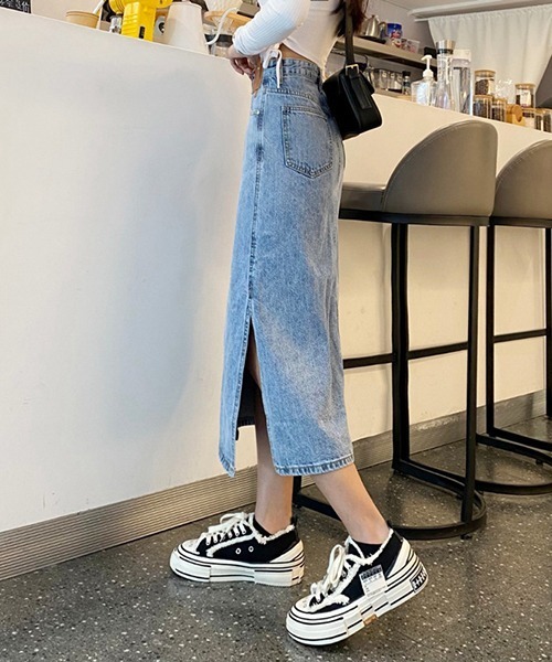 セール】YUGA ハイウエスト スリット Aラインデニムスカート（デニム  