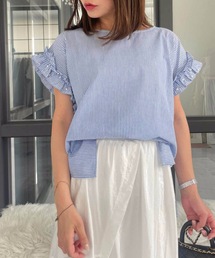 イージーケア フリル×パール ストライプブラウスTOPS