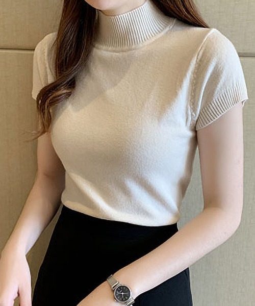 BLANC FICELLE(ブランフィセル)の「美シルエット フレンチスリーブ ハイネックニット(ニット/セーター・レディース・ブラック/Brick/グレー/アイボリー/ベージュ/グリーン/ダークグリーン・FREE)」の5枚目の写真