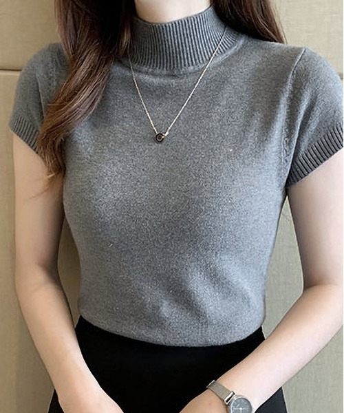 BLANC FICELLE(ブランフィセル)の「美シルエット フレンチスリーブ ハイネックニット(ニット/セーター・レディース・ブラック/Brick/グレー/アイボリー/ベージュ/グリーン/ダークグリーン・FREE)」の4枚目の写真