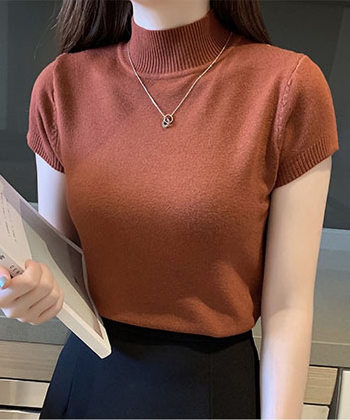 BLANC FICELLE(ブランフィセル)の「美シルエット フレンチスリーブ ハイネックニット(ニット/セーター・レディース・ブラック/Brick/グレー/アイボリー/ベージュ/グリーン/ダークグリーン・FREE)」の7枚目の写真