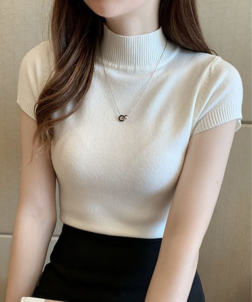 BLANC FICELLE(ブランフィセル)の「美シルエット フレンチスリーブ ハイネックニット(ニット/セーター・レディース・ブラック/Brick/グレー/アイボリー/ベージュ/グリーン/ダークグリーン・FREE)」の2枚目の写真