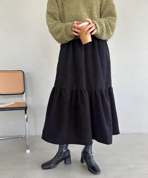 un+frame(アンフレーム)の「corduroy volume skirt/コーデュロイシャーリングギャザーボリュームフレアスカート(スカート・レディース・グレー/ベージュ/ブラック・FREE)」の6枚目の写真