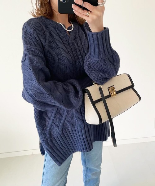 Emma Taylor（エマテイラー）の「サイドジップキーネックケーブルニット（ニット/セーター・レディース・ブルー/ブラウン/ライトグレー/オフホワイト・FREE）」の16枚目の写真