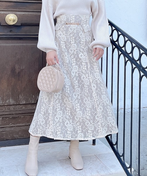 MIIA（ミーア）の「コルセットベルト風レースフレアスカート（スカート・レディース・ブラック/ブラウン/オフホワイト・FREE）」の4枚目の写真