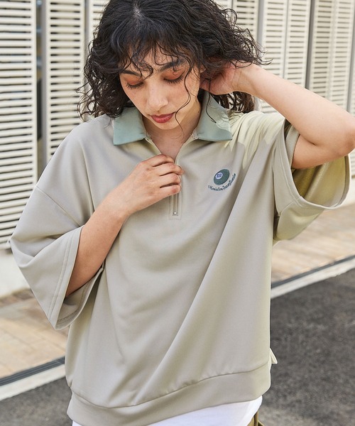 セール】ワンポイント刺繍ハーフジップビリヤードロゴ半袖プルオーバー