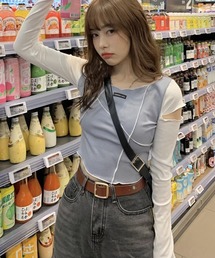 配色袖クロップド丈ロンT
