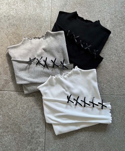 one after another NICE CLAUP(ワンアフターアナザーナイスクラップ)の「袖リボンテレコトップス/ribbon collection(Tシャツ/カットソー・レディース・ブラック/杢グレー/オフホワイト・FREE)」の5枚目の写真