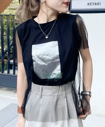 【mily bilet】1枚で上級お洒落style。チュール重ね着レイヤード風シルバー箔プリントTシャツ