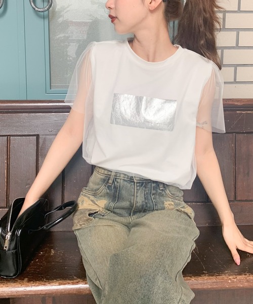 ショッピングバッグ付き　LOHEN チュールレイヤードプリントTシャツ セール】【mily bilet】1枚で上級お洒落style。チュール重ね着