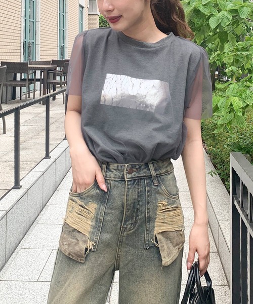 再値下げ！LEONARD★プリントカットソー セール】【mily bilet】1枚で上級お洒落style。チュール重ね着