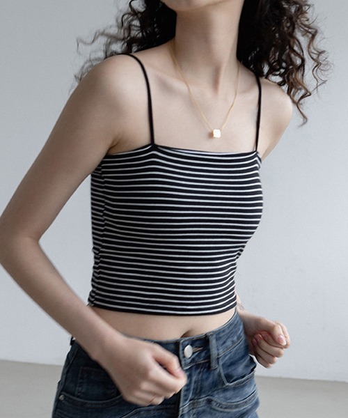 Lace Ladies（レースレディース）の「ボーダー柄 クロップド丈 カップイン 細ストラップ キャミソール（キャミソール・レディース・ブラック/ブラウン/ホワイト・FREE）」の18枚目の写真