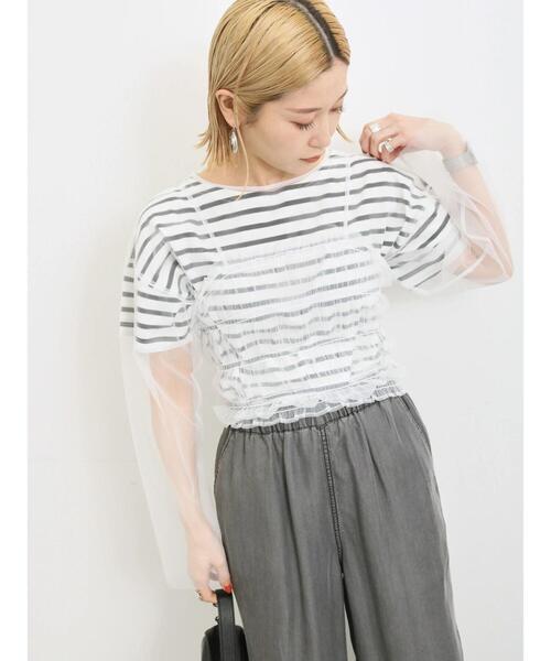 Samansa Mos2 blue（サマンサモスモスブルー）の「◎チュールプルオーバー+キャミソールセット（Tシャツ/カットソー・レディース・ベージュ/オフホワイト/ブラック・F）」の9枚目の写真