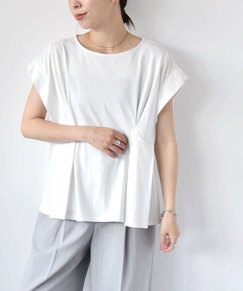 quaranciel（カランシエル）の「quaranciel:〈手洗い可能〉ウエストシェイプ フレンチスリーブ TEE（Tシャツ/カットソー・レディース・ホワイト/ブラック/カーキ・ONE SIZE）」の7枚目の写真
