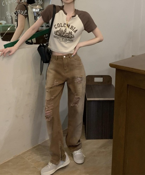 MAISON DE THERESE（メゾン ド テレーズ）の「カレッジロゴ　バイカラー　ショート丈　プリントTシャツ（Tシャツ/カットソー・レディース・ベージュ/ホワイト・S/M/L）」の4枚目の写真