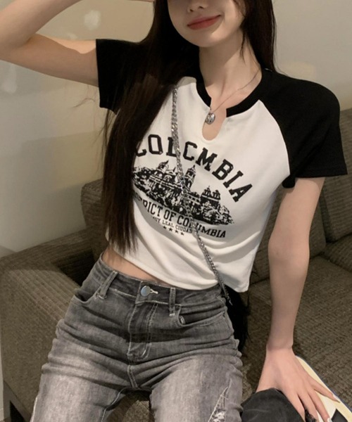 MAISON DE THERESE（メゾン ド テレーズ）の「カレッジロゴ　バイカラー　ショート丈　プリントTシャツ（Tシャツ/カットソー・レディース・ベージュ/ホワイト・S/M/L）」の7枚目の写真