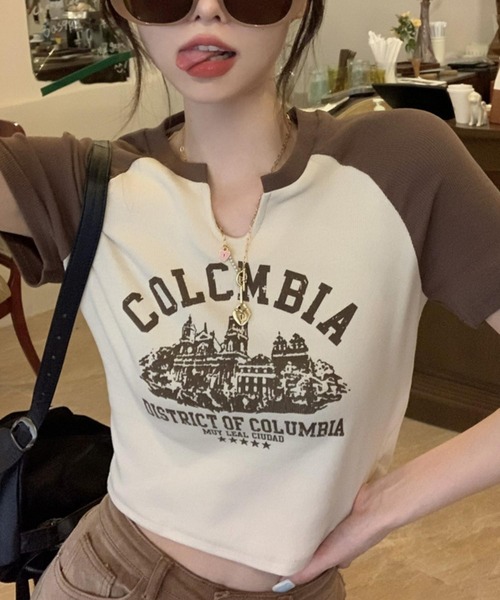 MAISON DE THERESE（メゾン ド テレーズ）の「カレッジロゴ　バイカラー　ショート丈　プリントTシャツ（Tシャツ/カットソー・レディース・ベージュ/ホワイト・S/M/L）」の8枚目の写真