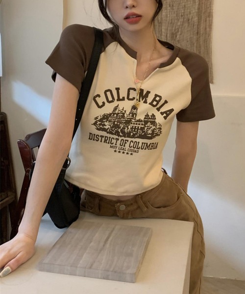 MAISON DE THERESE（メゾン ド テレーズ）の「カレッジロゴ　バイカラー　ショート丈　プリントTシャツ（Tシャツ/カットソー・レディース・ベージュ/ホワイト・S/M/L）」の10枚目の写真