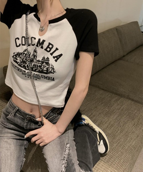 MAISON DE THERESE（メゾン ド テレーズ）の「カレッジロゴ　バイカラー　ショート丈　プリントTシャツ（Tシャツ/カットソー・レディース・ベージュ/ホワイト・S/M/L）」の11枚目の写真