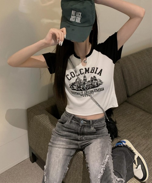 MAISON DE THERESE（メゾン ド テレーズ）の「カレッジロゴ　バイカラー　ショート丈　プリントTシャツ（Tシャツ/カットソー・レディース・ベージュ/ホワイト・S/M/L）」の12枚目の写真