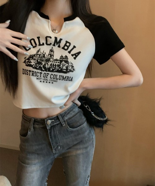MAISON DE THERESE（メゾン ド テレーズ）の「カレッジロゴ　バイカラー　ショート丈　プリントTシャツ（Tシャツ/カットソー・レディース・ベージュ/ホワイト・S/M/L）」の13枚目の写真