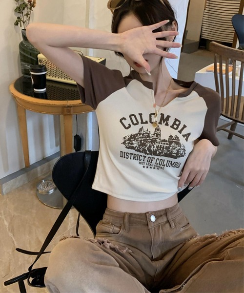 MAISON DE THERESE（メゾン ド テレーズ）の「カレッジロゴ　バイカラー　ショート丈　プリントTシャツ（Tシャツ/カットソー・レディース・ベージュ/ホワイト・S/M/L）」の14枚目の写真