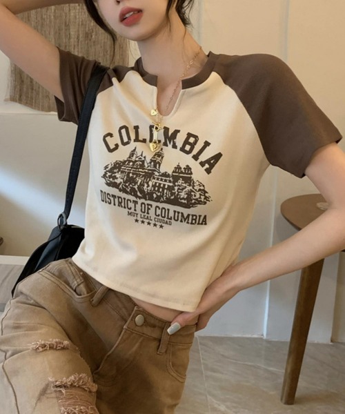 MAISON DE THERESE（メゾン ド テレーズ）の「カレッジロゴ　バイカラー　ショート丈　プリントTシャツ（Tシャツ/カットソー・レディース・ベージュ/ホワイト・S/M/L）」の15枚目の写真