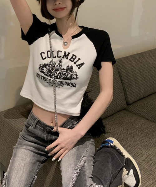 MAISON DE THERESE（メゾン ド テレーズ）の「カレッジロゴ　バイカラー　ショート丈　プリントTシャツ（Tシャツ/カットソー・レディース・ベージュ/ホワイト・S/M/L）」の16枚目の写真
