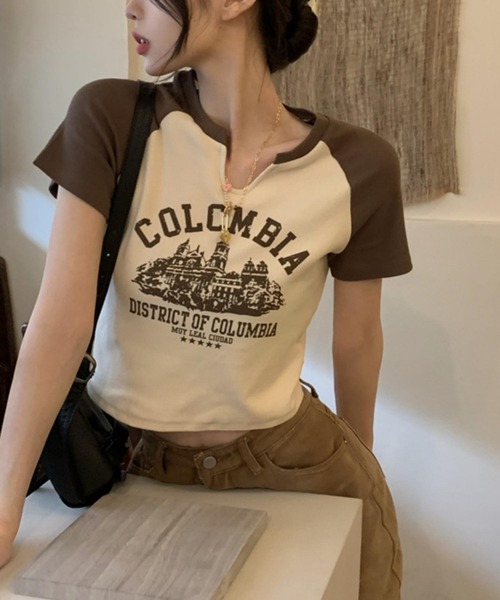 MAISON DE THERESE（メゾン ド テレーズ）の「カレッジロゴ　バイカラー　ショート丈　プリントTシャツ（Tシャツ/カットソー・レディース・ベージュ/ホワイト・S/M/L）」の17枚目の写真