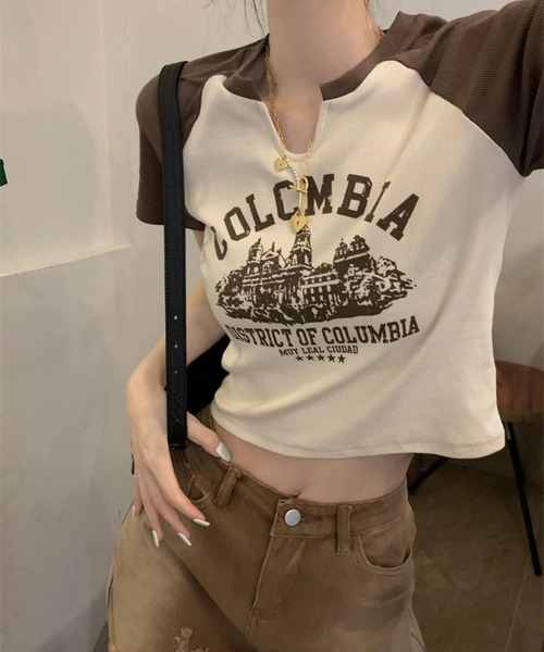 MAISON DE THERESE（メゾン ド テレーズ）の「カレッジロゴ　バイカラー　ショート丈　プリントTシャツ（Tシャツ/カットソー・レディース・ベージュ/ホワイト・S/M/L）」の18枚目の写真