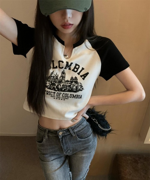 MAISON DE THERESE（メゾン ド テレーズ）の「カレッジロゴ　バイカラー　ショート丈　プリントTシャツ（Tシャツ/カットソー・レディース・ベージュ/ホワイト・S/M/L）」の19枚目の写真