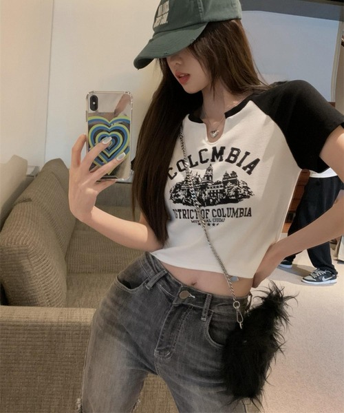 MAISON DE THERESE（メゾン ド テレーズ）の「カレッジロゴ　バイカラー　ショート丈　プリントTシャツ（Tシャツ/カットソー・レディース・ベージュ/ホワイト・S/M/L）」の20枚目の写真