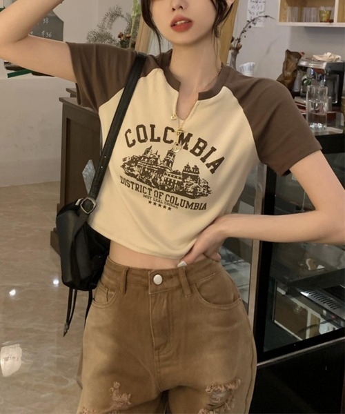 MAISON DE THERESE（メゾン ド テレーズ）の「カレッジロゴ　バイカラー　ショート丈　プリントTシャツ（Tシャツ/カットソー・レディース・ベージュ/ホワイト・S/M/L）」の21枚目の写真