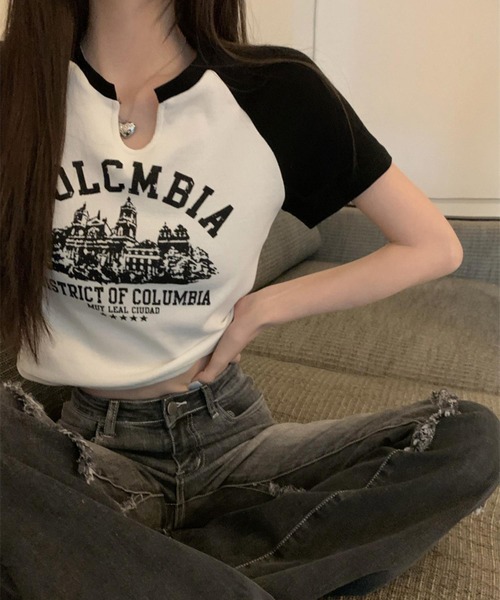 MAISON DE THERESE（メゾン ド テレーズ）の「カレッジロゴ　バイカラー　ショート丈　プリントTシャツ（Tシャツ/カットソー・レディース・ベージュ/ホワイト・S/M/L）」の22枚目の写真