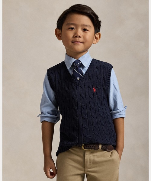 POLO RALPH LAUREN CHILDRENSWEAR(ポロ ラルフ ローレン チルドレンズウェア)の「ケーブルニット コットン セーター ベスト(ベスト・キッズ・ネイビー系1・6/4/7/3)」の1枚目の写真