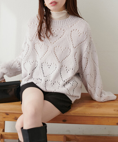 natural couture（ナチュラルクチュール）の「透かしハート柄ゆるニット（ニット/セーター・レディース・ライトグレー/ピンク/チャコールグレー/アイボリー・FREE）」の3枚目の写真