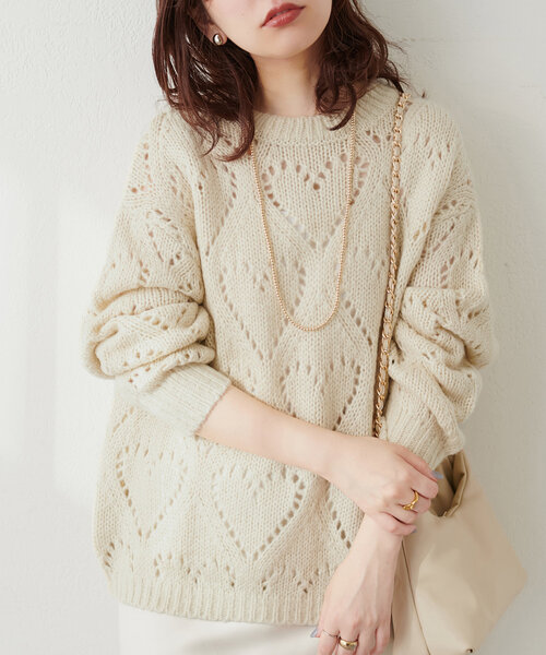 natural couture（ナチュラルクチュール）の「透かしハート柄ゆるニット（ニット/セーター・レディース・ライトグレー/ピンク/チャコールグレー/アイボリー・FREE）」の6枚目の写真