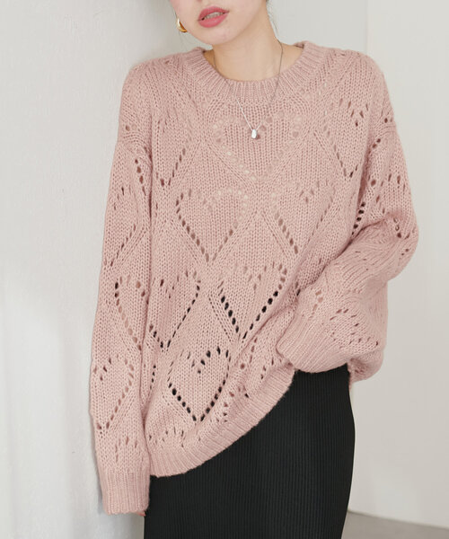 natural couture（ナチュラルクチュール）の「透かしハート柄ゆるニット（ニット/セーター・レディース・ライトグレー/ピンク/チャコールグレー/アイボリー・FREE）」の4枚目の写真