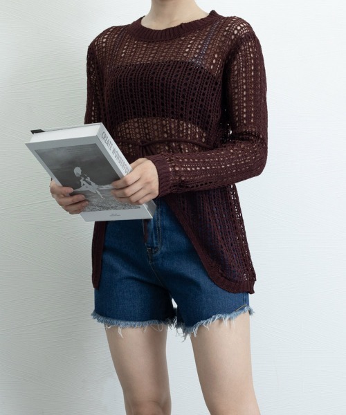 Miniministore(ミニミニストア)の「透かし編みニットトップス レディース長袖(ニット/セーター・レディース・ブラック/ベージュ/ブラウン・FREE)」の3枚目の写真