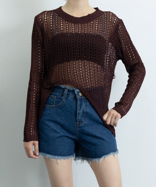 Miniministore(ミニミニストア)の「透かし編みニットトップス レディース長袖(ニット/セーター・レディース・ブラック/ベージュ/ブラウン・FREE)」の13枚目の写真