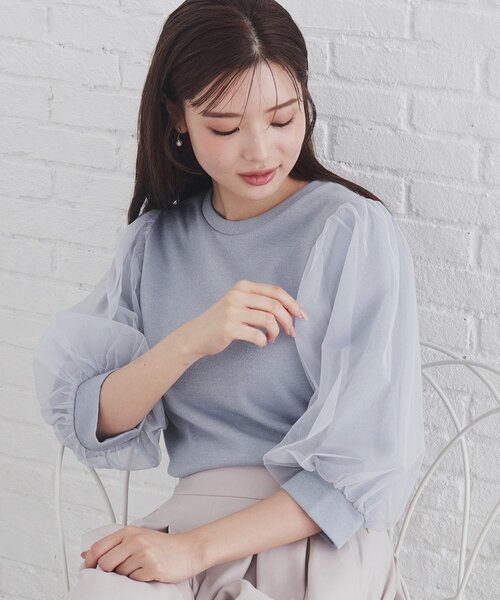 index（インデックス）の「◆チュールドッキングスリーブラメトップス【洗濯機洗い可】（Tシャツ/カットソー・レディース・ライトブルー/ブラック/グレー・40/38/42/36）」の3枚目の写真