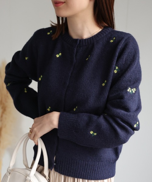 ＜ふわもち＞フラワー刺繍ベーシックカーディガン