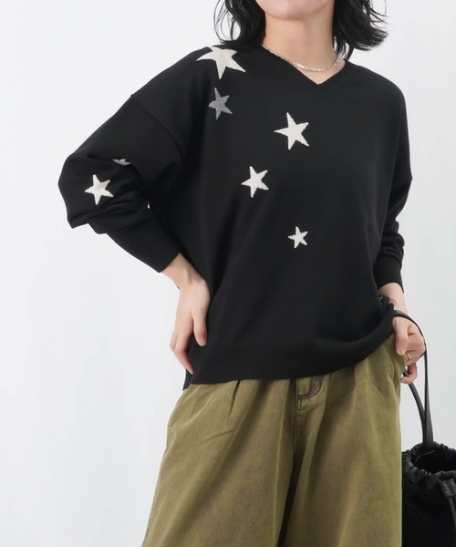 セール】LC/LLL 星Vネックニット / ウール混ジャガードニット（ニット