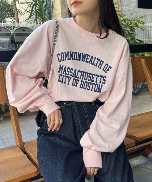 CIAOPANIC TYPY（チャオパニックティピー）の「USAコットンプリント袖ボリュームスリーブロゴロンTee（Tシャツ/カットソー・レディース・ホワイト/チャコールグレー/ネイビー/レッド系その他/グレー系その他/ブルー/ピンク・ONE SIZE）」の6枚目の写真