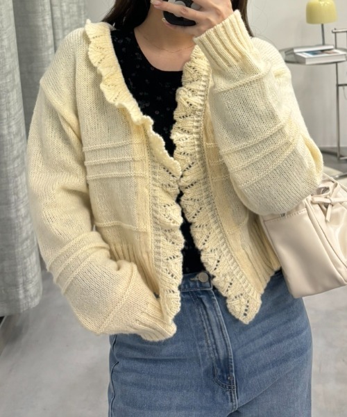 アルベロ❤フリルカーディガン CLEA カーディガン ラッフルフリルクロップド丈レースボレロ