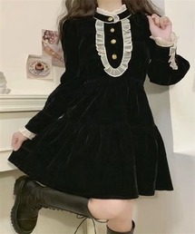フリルネック ベロア　ティアードワンピース