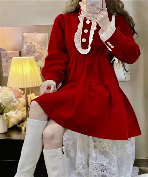 Dream garden(ドリームガーデン)の「フリルネック ベロア ティアードワンピース(ワンピース・レディース・ボルドー/ブラック・M/L/S)」の21枚目の写真