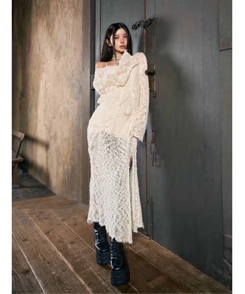 Darich ダーリッチ バイカラー デザイン ニット ロングワンピース セール】バイカラーオフショルロングワンピース（ワンピース