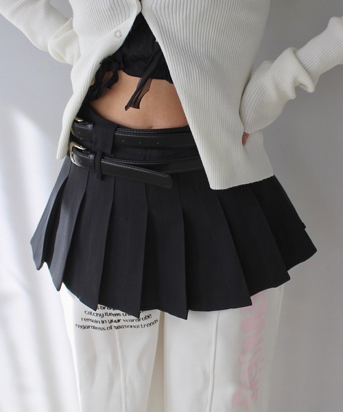 SANSeLF（サンセルフ）の「【LONSLAN】 ダブルベルトプリーツミニスカート sanwl24a048（スカート・レディース・ベージュ/ブラック・M/S）」の2枚目の写真